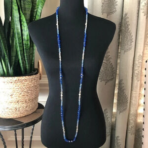 WHBM Flapper Length Long Glass Beaded Necklace Blue Clear Faceted Crystal Accent